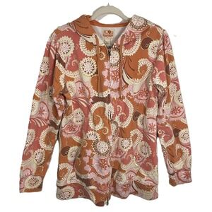 Lucky Brand XL Paisley Orange Pink Floral Zip Hoodie Boho Y2K Cotton Long Sleeve